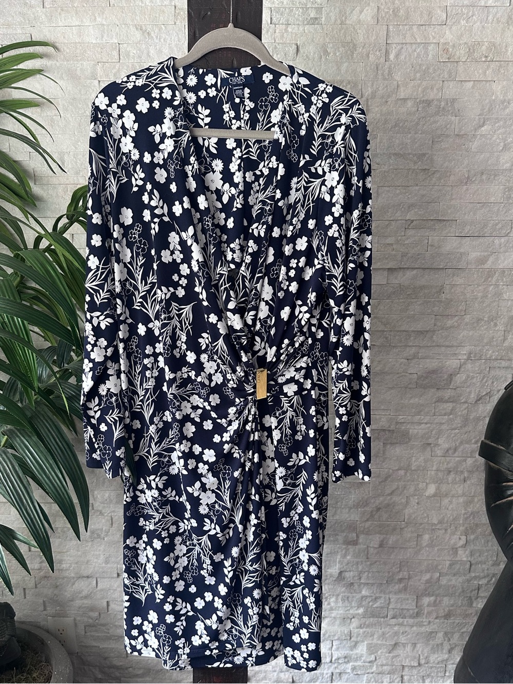 Chaps Navy Blue and White Floral Gathered Faux Wrap Dress Size 22W